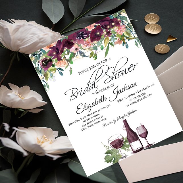 Wine Glass Lights Burgundy Roses Bridal Shower  Invitation (Creator Uploaded)