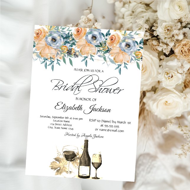 Wine Glass Lights Roses Dusty Blue Bridal Shower  Invitation (Creator Uploaded)