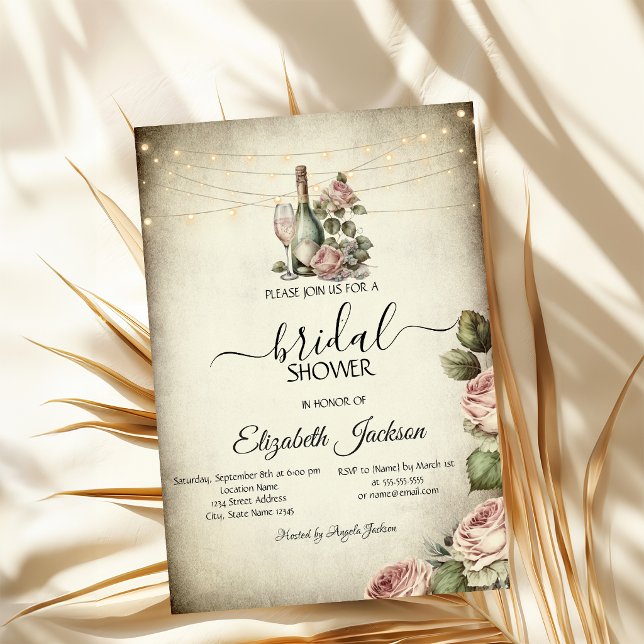 Wine Glass,Lights Roses Rustic Bridal Shower  Invitation (Creator Uploaded)