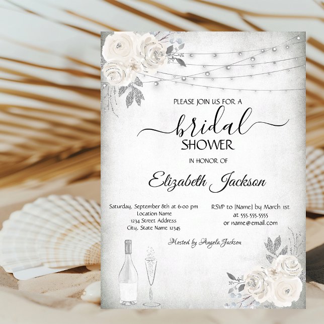 Wine Glass Lights White Roses Bridal Shower   Invitation (Creator Uploaded)