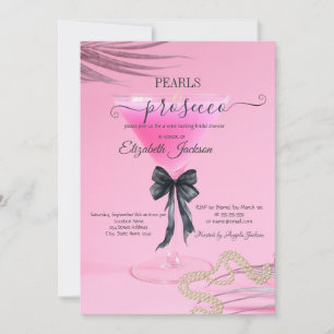 Wine Glass Pearls Bow Pink Bridal Shower Invitation