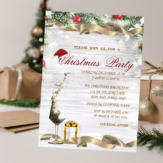 Wine Glass,Present Pine Tree  Corporate Christmas  Invitation (Creator Uploaded)