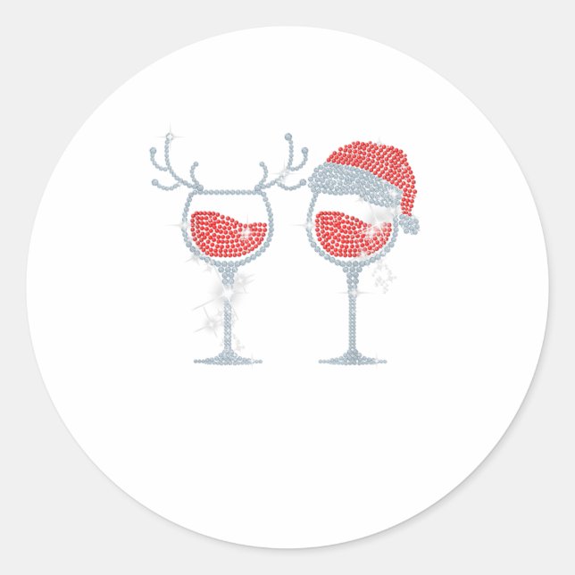 Wine Glass Santa Hat Reindeer Funny Dri Classic Round Sticker (Front)
