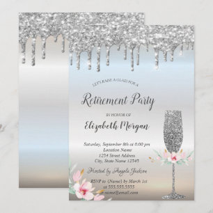 Wine Glass Silver Glitter Drops Floral Retirement Invitation