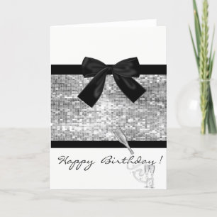 Wine Glass,Silver Sequins,Bow ,Birthday Card