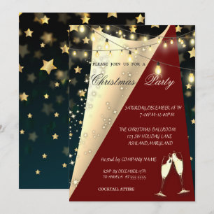 Wine Glass, Stars,Lights Red Black Christmas Party Invitation