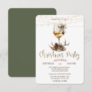 Wine Glass String Lights Green Christmas Party Invitation