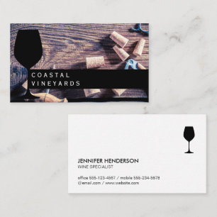 Wine Glass Wine corks on wooden table Business Card