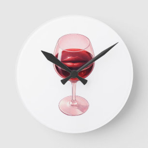 Wine Glass with Red Lips Cocktail Napkins Round Clock