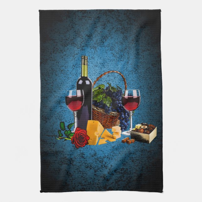 Wine glasses, bottle, grapes, cheese, chocolates tea towel (Vertical)