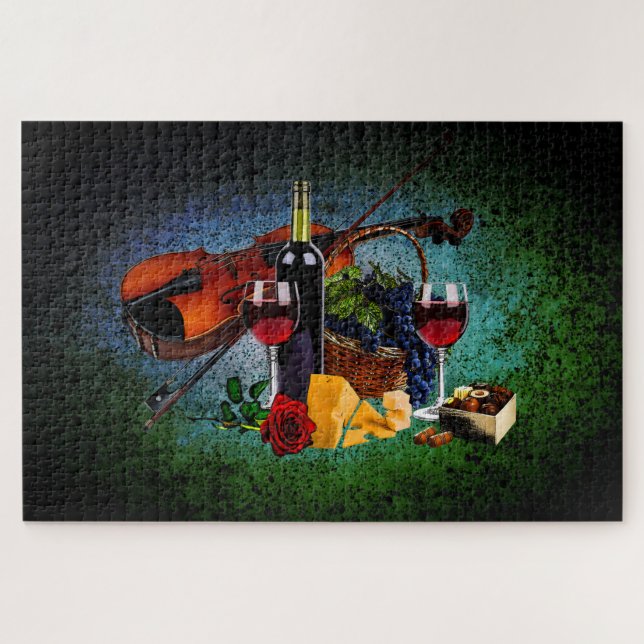 Wine glasses, bottle, grapes, cheese, Violin Jigsaw Puzzle (Horizontal)