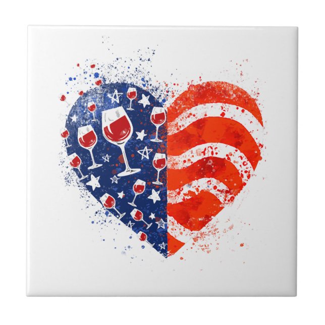 Wine Glasses Heart 4th of July Patriotic American  Tile (Front)