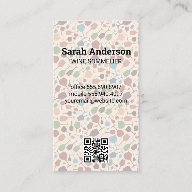 Wine Glasses Pattern | QR Scan Code Business Card (Front)