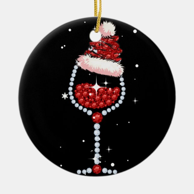 Wine Glasses Santa Hat Christmas Wine Lover Gifts Ceramic Tree Decoration (Front)