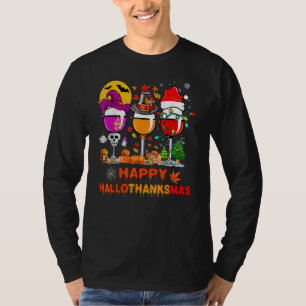 Wine Glasses Witch Santa Hat Pumpkin Happy Halloth T-Shirt