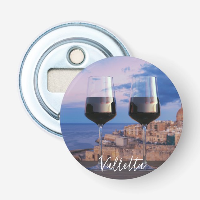 Wine glasses with view of sunset over Valletta Bottle Opener (Front)