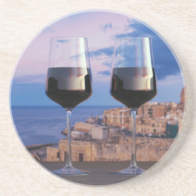 Wine glasses with view of sunset over Valletta Coaster (Front)