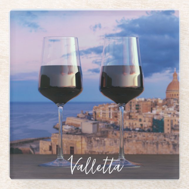 Wine glasses with view of sunset over Valletta Glass Coaster (Front)