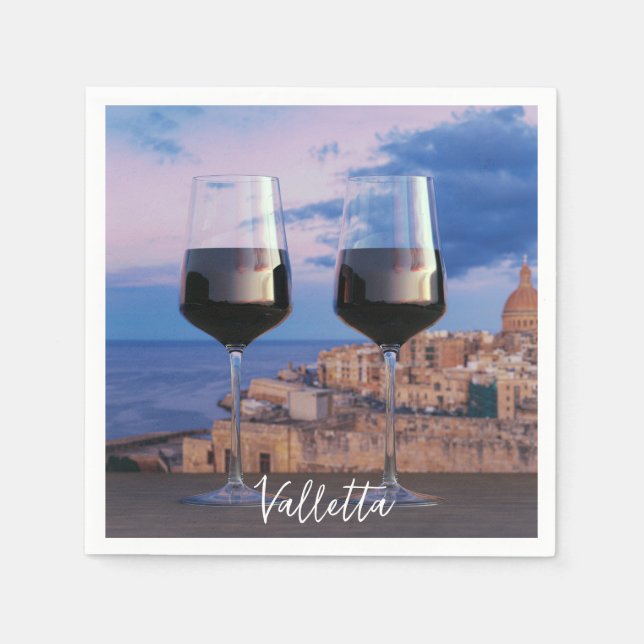 Wine glasses with view of sunset over Valletta Napkin (Front)