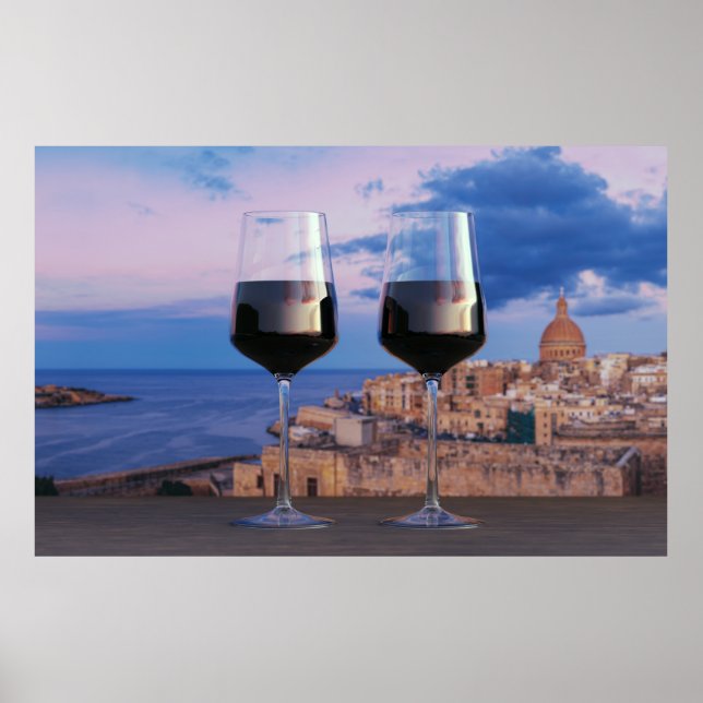 Wine glasses with view of sunset over Valletta Poster (Front)