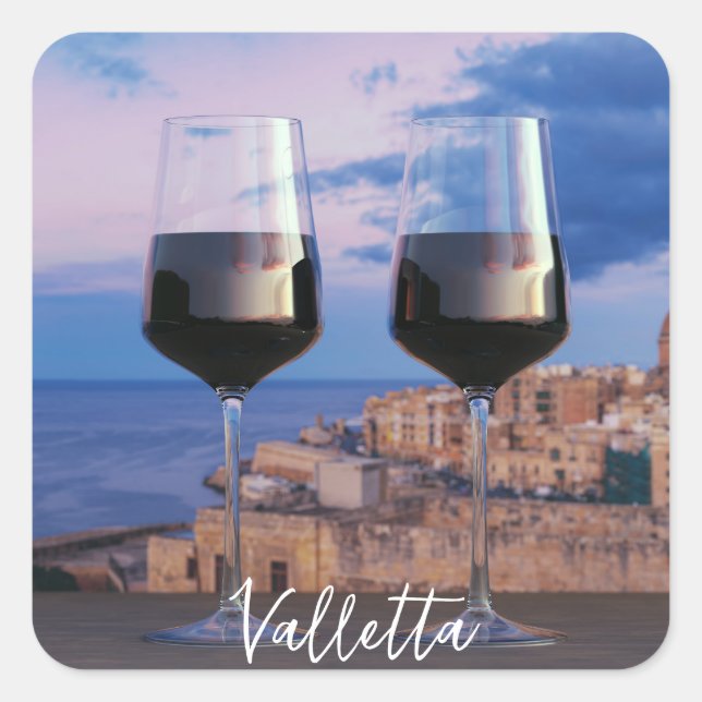 Wine glasses with view of sunset over Valletta Square Sticker (Front)
