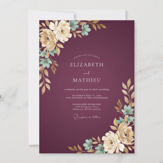 Wine Gold Leafy Wedding Invitation (Front)