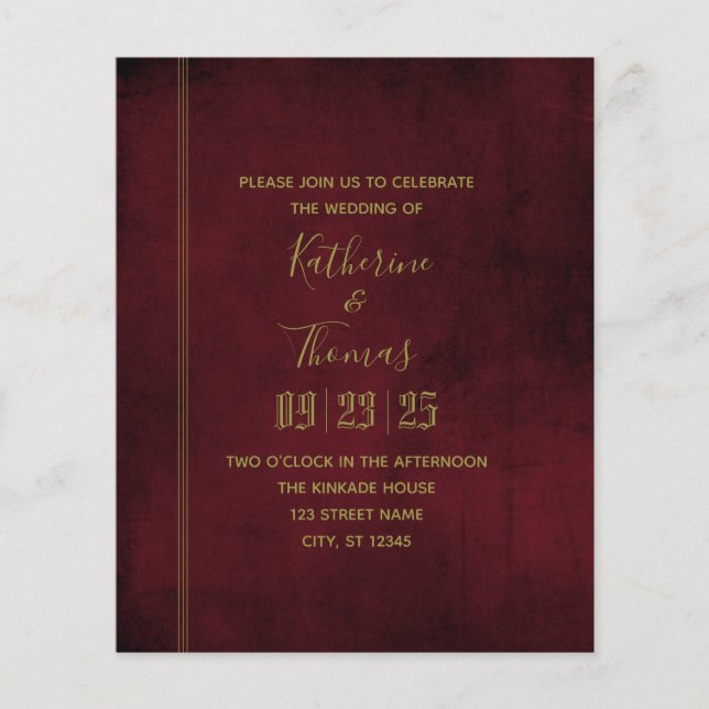 Wine & Gold Regal Wedding Invitation Budget Flyer (Front)