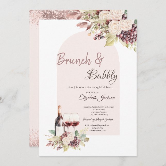Wine Grapes  Boho Flowers Brunch & Bubbly Invitation (Front/Back)