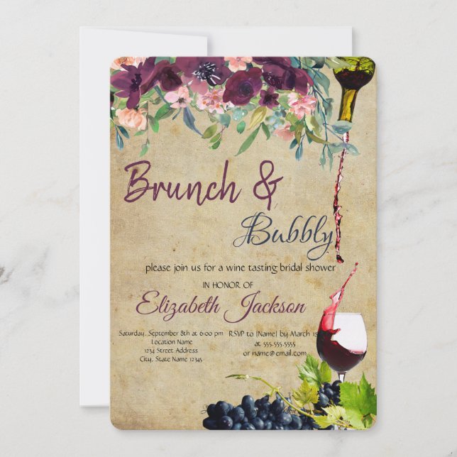 Wine,Grapes,Flowers Brunch & Bubbly Invitation (Front)