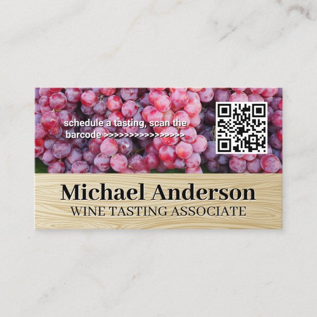 Wine Grapes | QR Barcode | Wood Grain Business Card (Front)