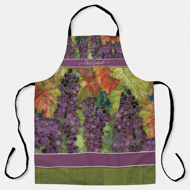 Wine Grapes Watercolor Batik Napa Valley Chef Name Apron (Front)