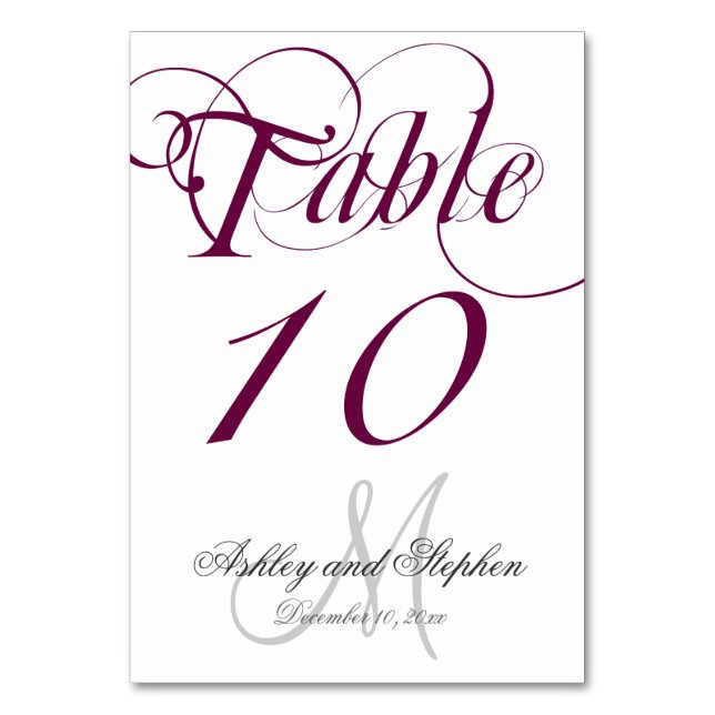 Wine Grey Monogram Wedding Table Number Card (Front)