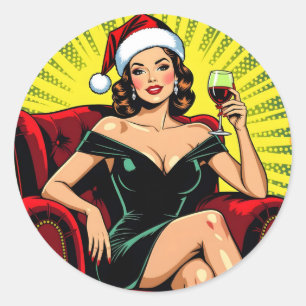 Wine Humor Retro Pop Art Christmas Classic Round Sticker