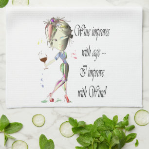 Wine improves with age, humourous art gifts tea towel
