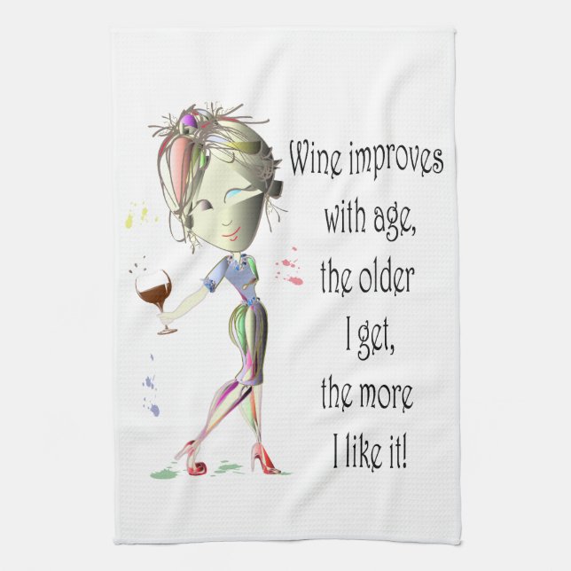 Wine Improves with Age Humourous Wine Saying Tea Towel (Vertical)