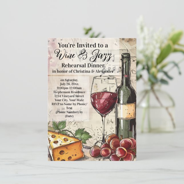 Wine & Jazz Rehearsal Dinner Invitation (Standing Front)