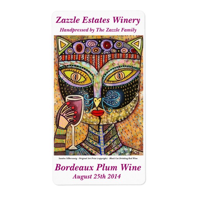 Wine Label - Black Cat Drinking Red Wine (Front)