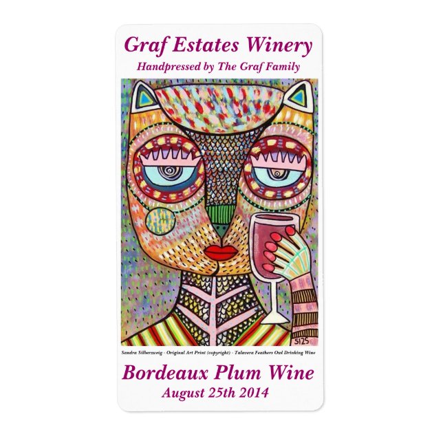 Wine Label Jewish Feathers Owl Drinking Red Wine (Front)