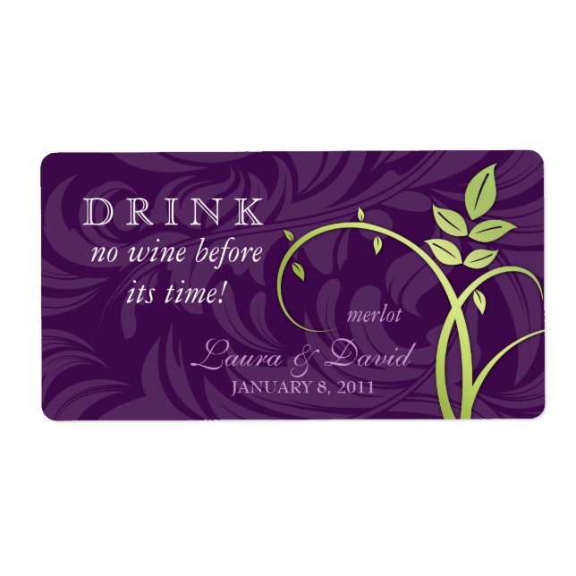 Wine Label Leaf Swirls Purple Green (Front)
