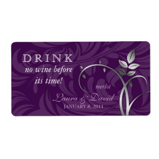 Wine Label Leaf Swirls Purple Silver