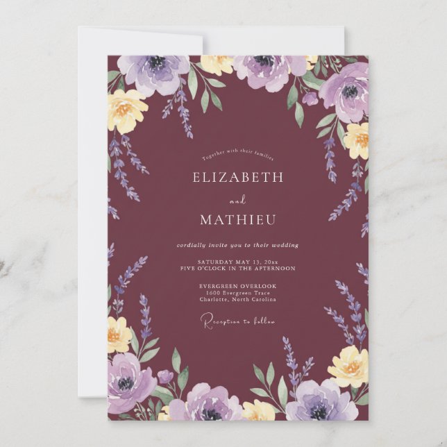 Wine Lavender Wildflower Wedding Invitation (Front)