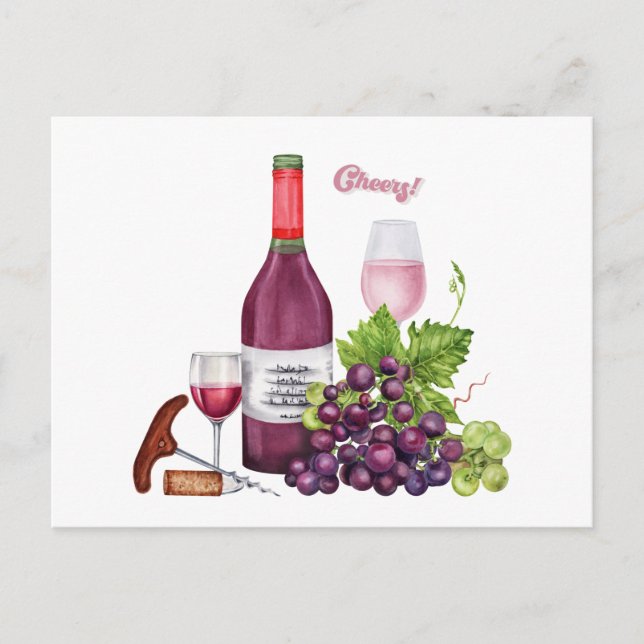 Wine Lover Grapes, Wine Bottle, Wine Glasses  Holiday Postcard (Front)