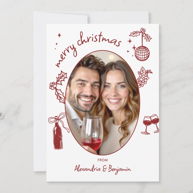Wine Lover Hand-Drawn Whimsical Photo Holiday Card (Front)