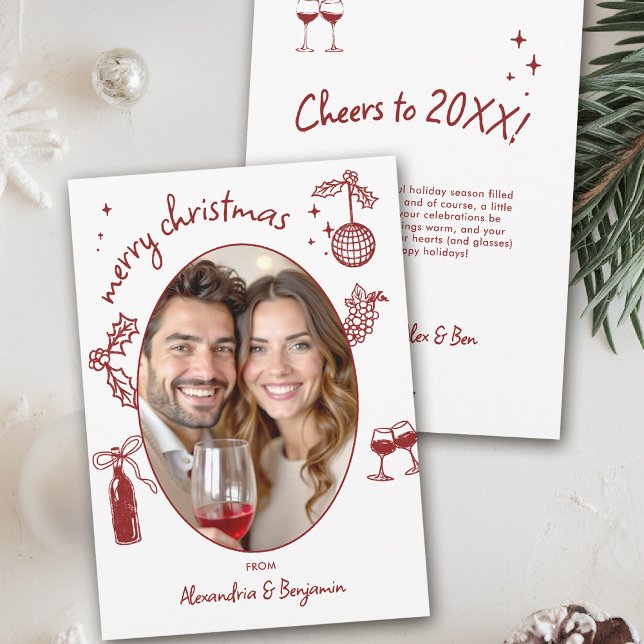 Wine Lover Hand-Drawn Whimsical Photo Holiday Card (wine lover holiday christmas photo card drinks hand drawn winery friendsmas)