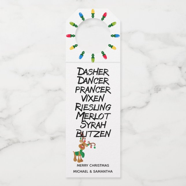 Wine Lover Reindeer Names Funny Christmas Bottle Tag (Front)