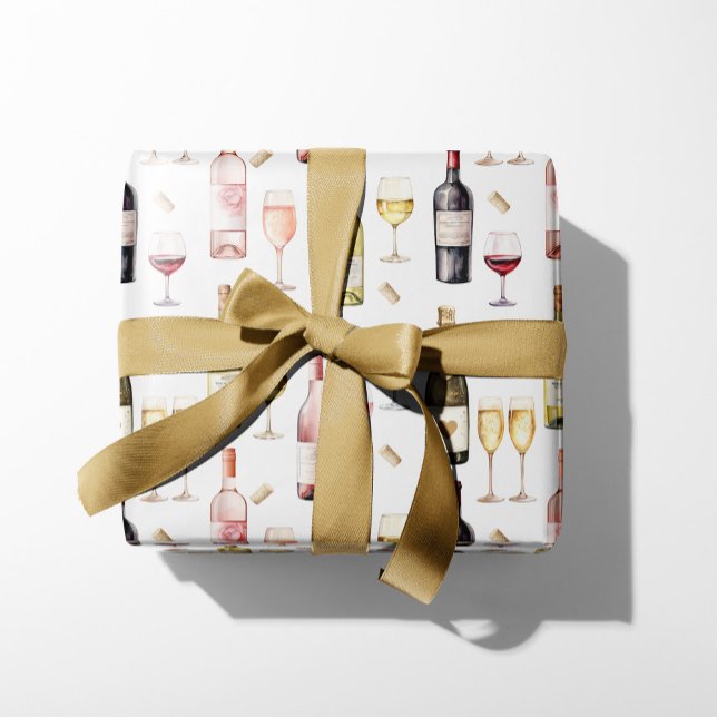 Wine Lover  Wrapping Paper Sheet (Wine Lovers wrapping paper, watercolor bottles of wine and champagne, gift box present)