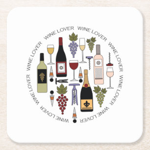 Wine Lovers Bottles, Glasses & Accessories Pattern Square Paper Coaster