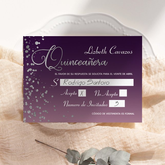 Wine Mauve Purple Silver Confetti Quinceanera RSVP Invitation (Creator Uploaded)