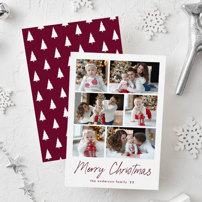 Wine Merry Christmas Script 6 Photo Collage Holiday Card (Creator Uploaded)