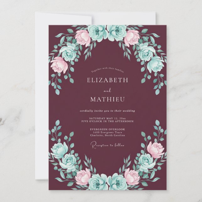 Wine Mint Ranunculus Eucalyptus Wedding Invitation (Front)